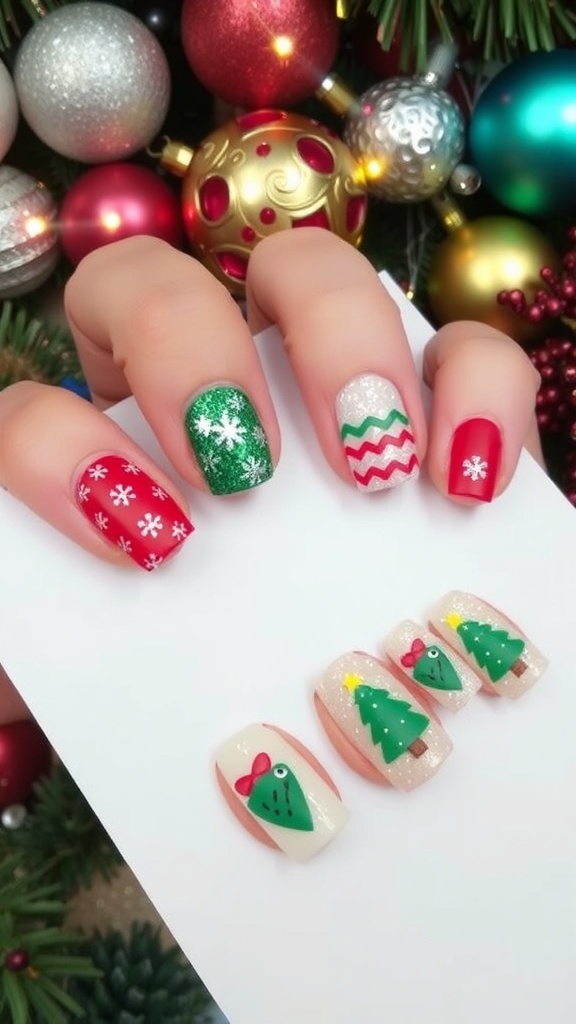 A collection of Christmas-themed nail designs in red, green, and white with festive decorations.